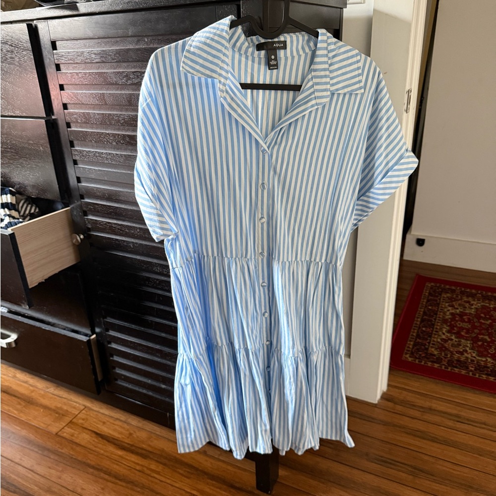 Aqua Blue and White Striped Button-Down Dress